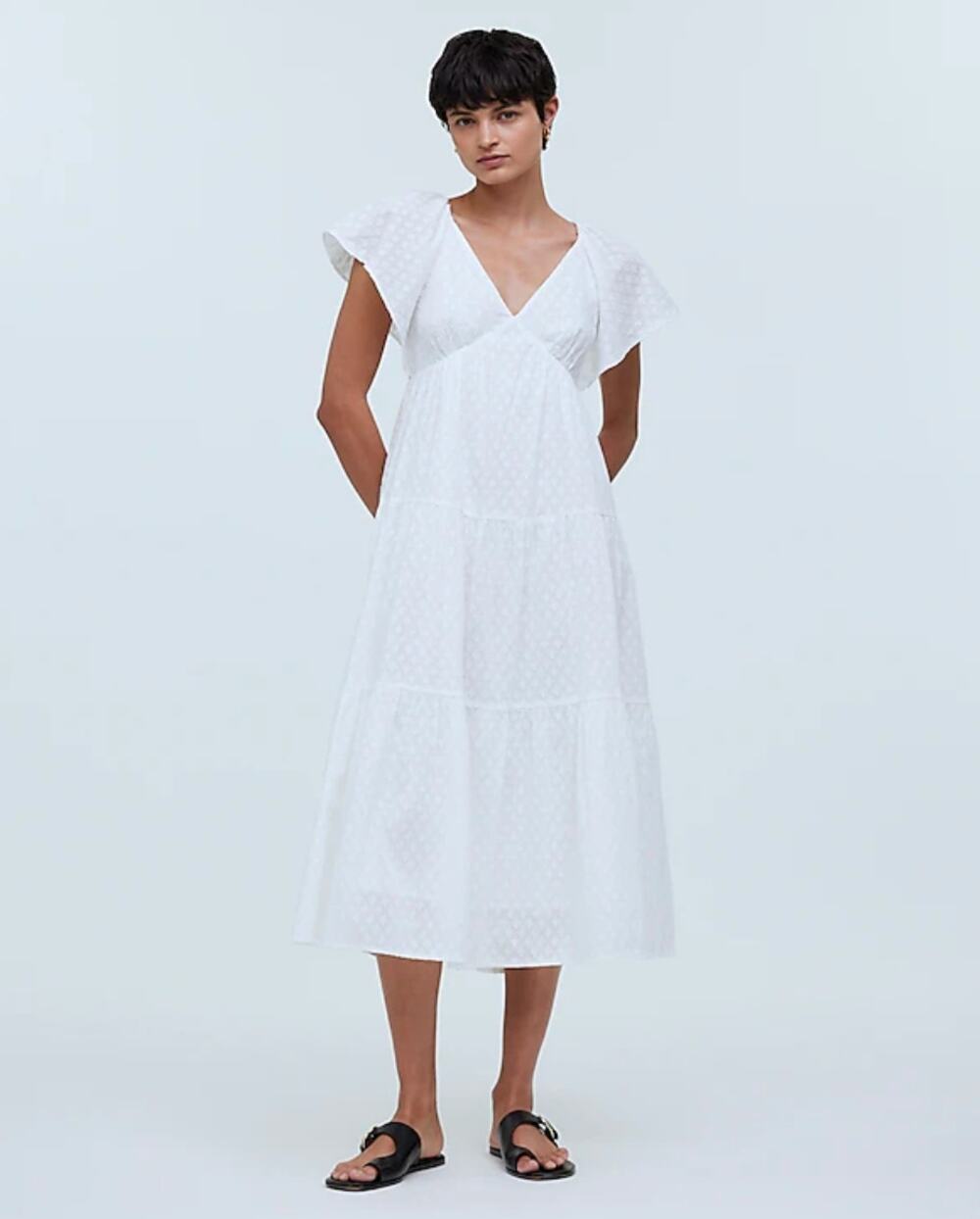 Madewell Tie Back Flutter Sleeve Tiered Midi Dress White Cottagecore US 00 NWT